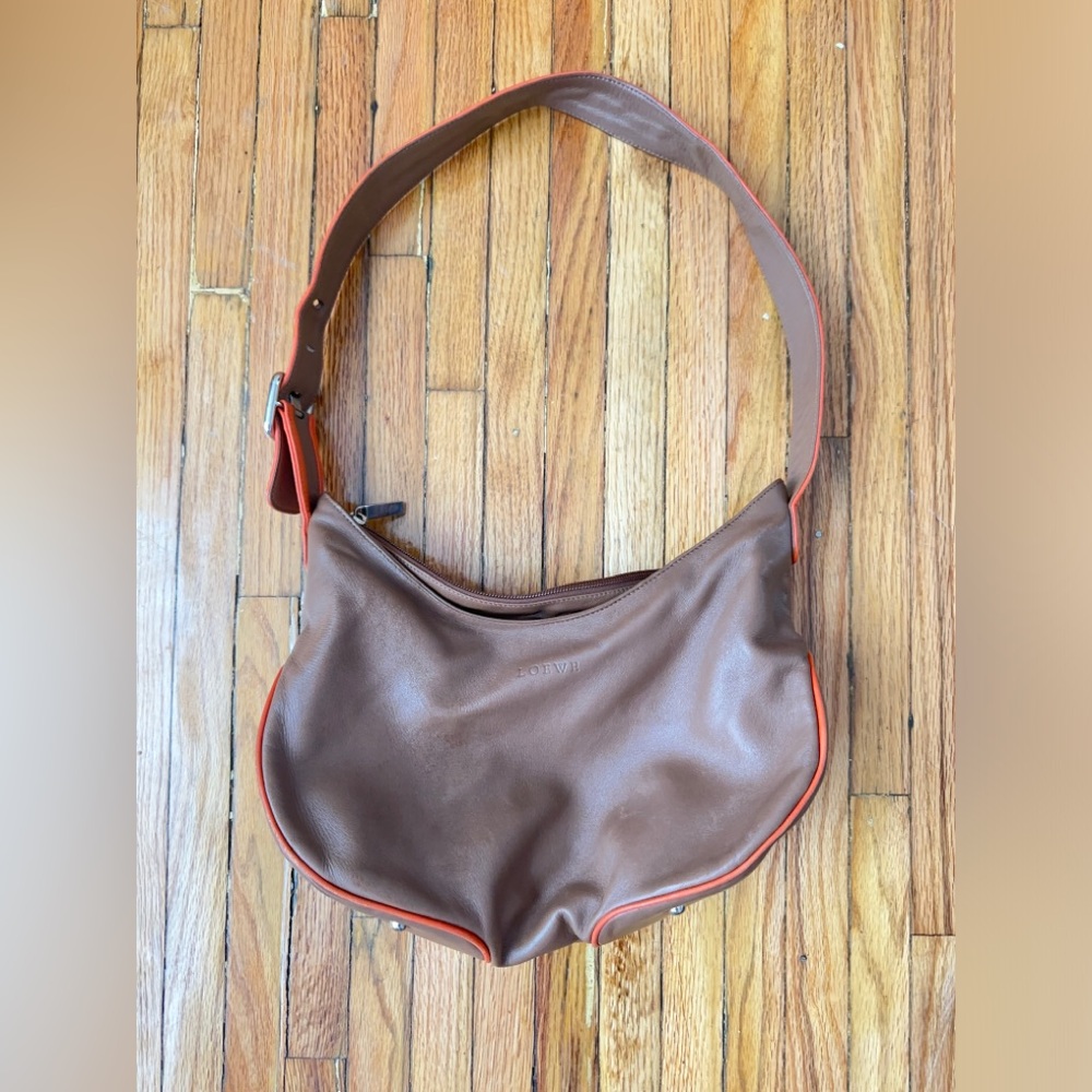 Vintage Loewe Chocolate Brown Buttery Leather Bag Orange Contrast Trim